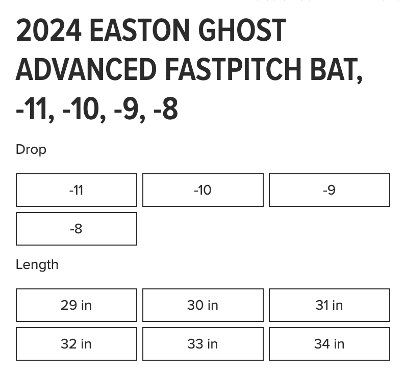 2024 Easton Ghost Advanced Fastpitch Bat: Size Chart.