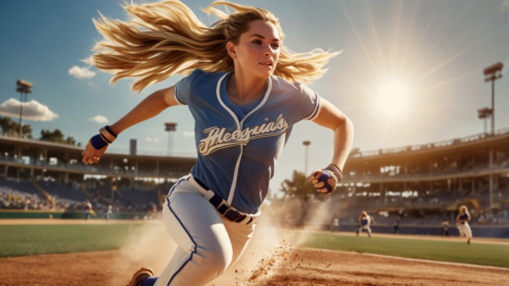 2024 Easton Ghost Advanced Fastpitch Bat: A softball player rounding the bases after a hit.